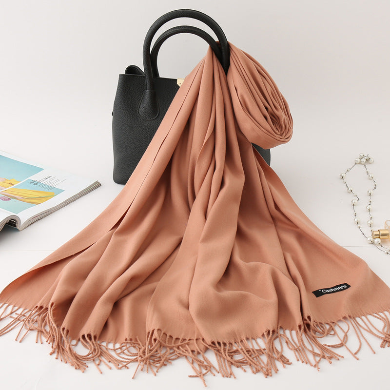 Solid Colour Imitation Cashmere Scarf, Women's Tassel Shawl