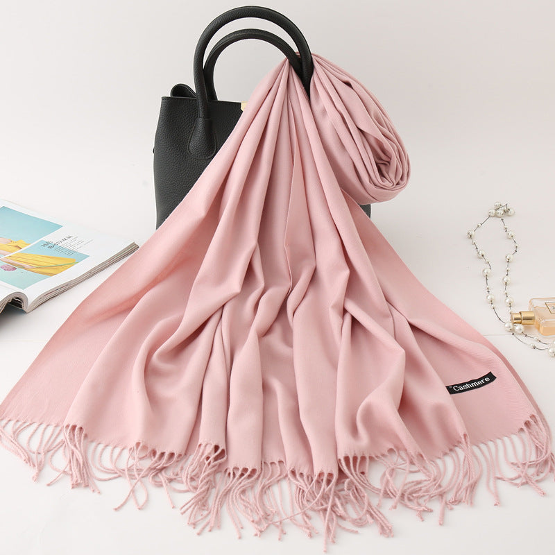 Solid Colour Imitation Cashmere Scarf, Women's Tassel Shawl