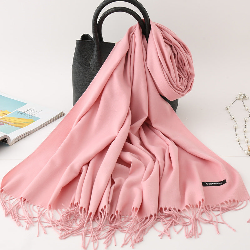 Solid Colour Imitation Cashmere Scarf, Women's Tassel Shawl