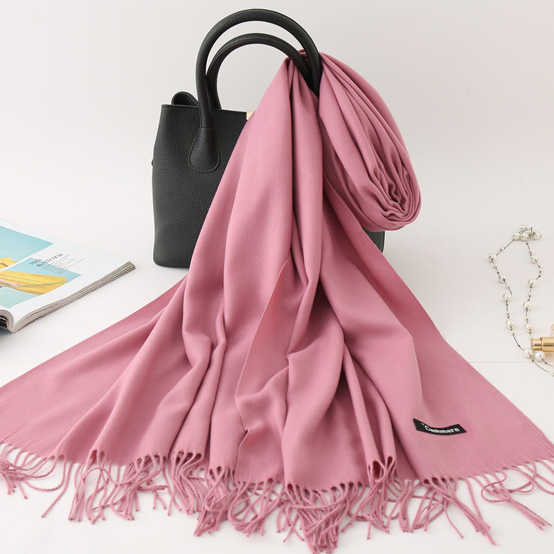Solid Colour Imitation Cashmere Scarf, Women's Tassel Shawl