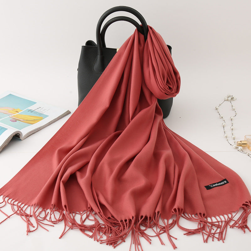 Solid Colour Imitation Cashmere Scarf, Women's Tassel Shawl