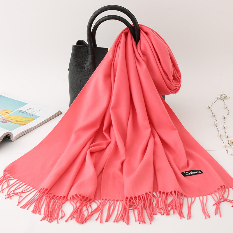 Solid Colour Imitation Cashmere Scarf, Women's Tassel Shawl