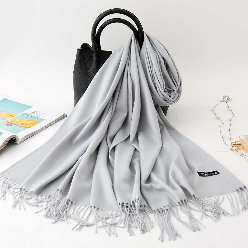 Solid Colour Imitation Cashmere Scarf, Women's Tassel Shawl