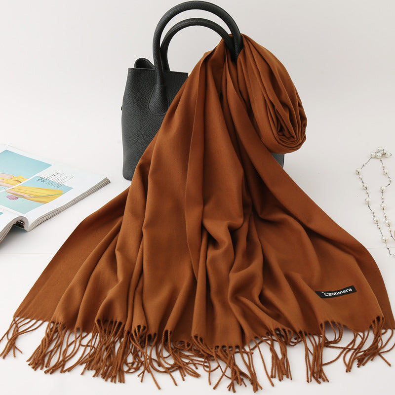 Solid Colour Imitation Cashmere Scarf, Women's Tassel Shawl