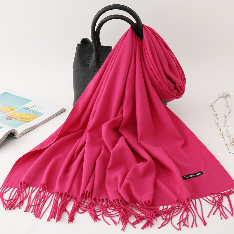 Solid Colour Imitation Cashmere Scarf, Women's Tassel Shawl