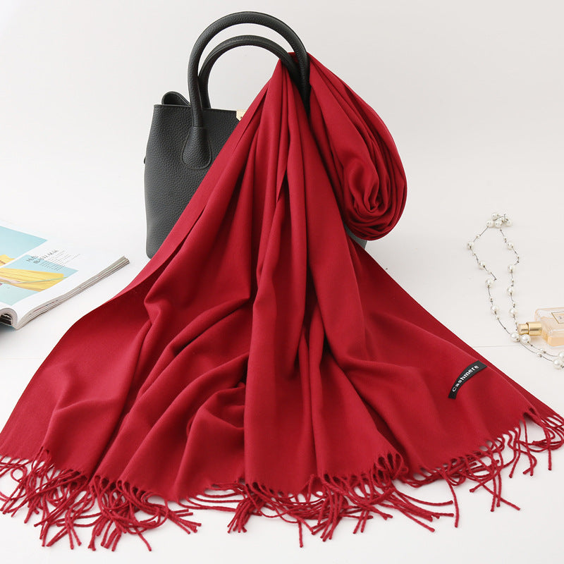 Solid Colour Imitation Cashmere Scarf, Women's Tassel Shawl