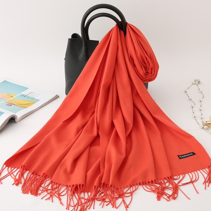 Solid Colour Imitation Cashmere Scarf, Women's Tassel Shawl