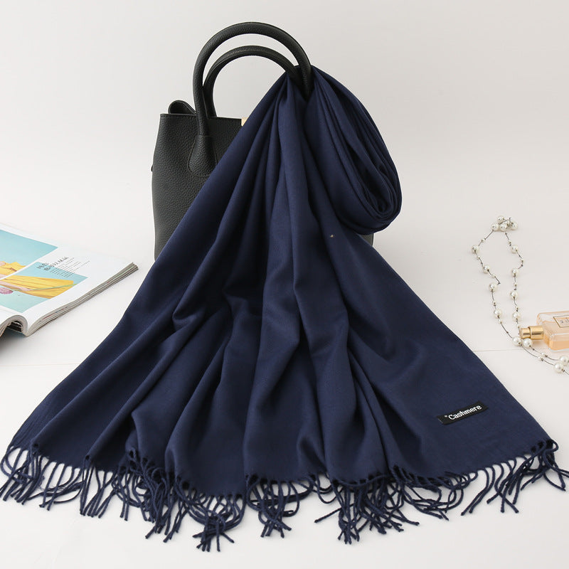 Solid Colour Imitation Cashmere Scarf, Women's Tassel Shawl