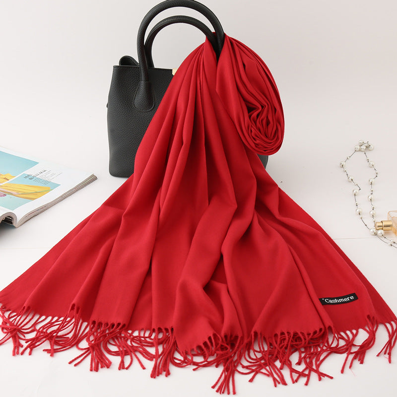 Solid Colour Imitation Cashmere Scarf, Women's Tassel Shawl