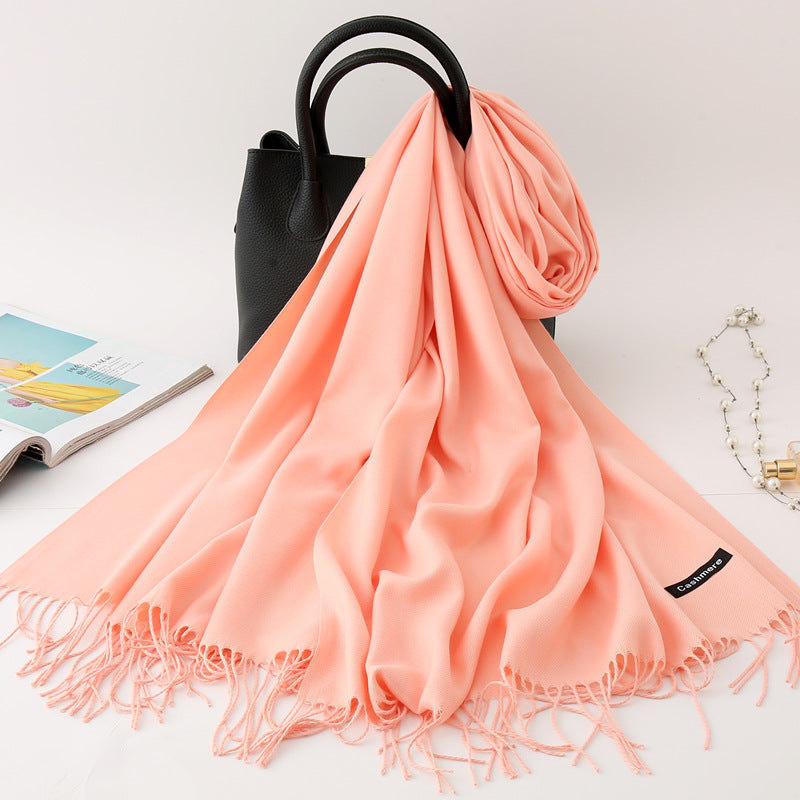 Solid Colour Imitation Cashmere Scarf, Women's Tassel Shawl