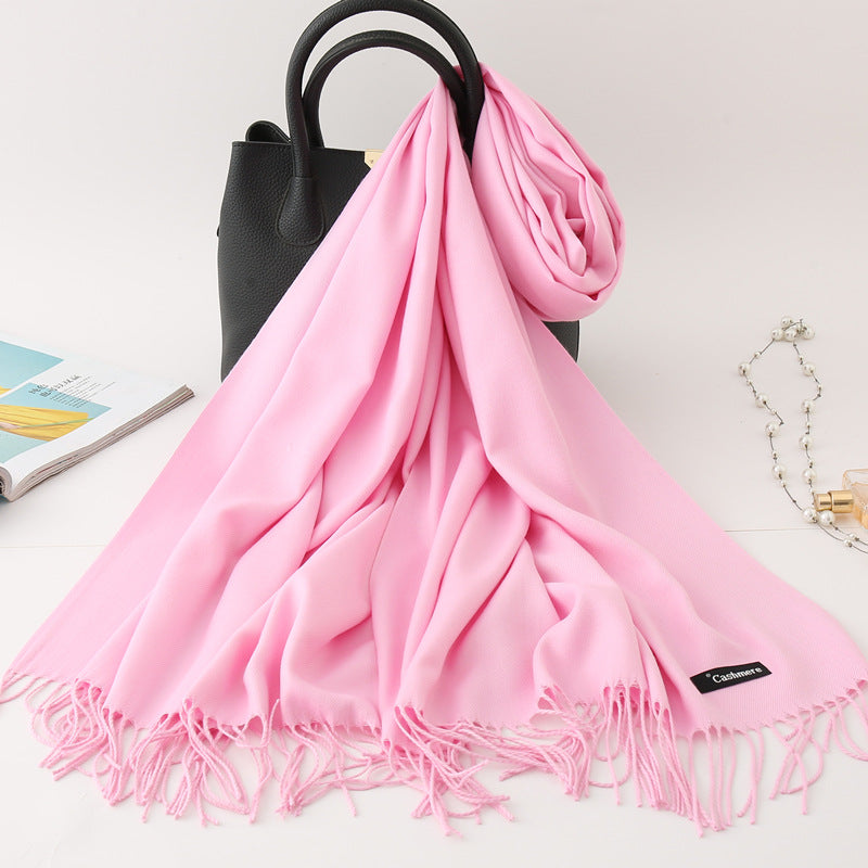 Solid Colour Imitation Cashmere Scarf, Women's Tassel Shawl
