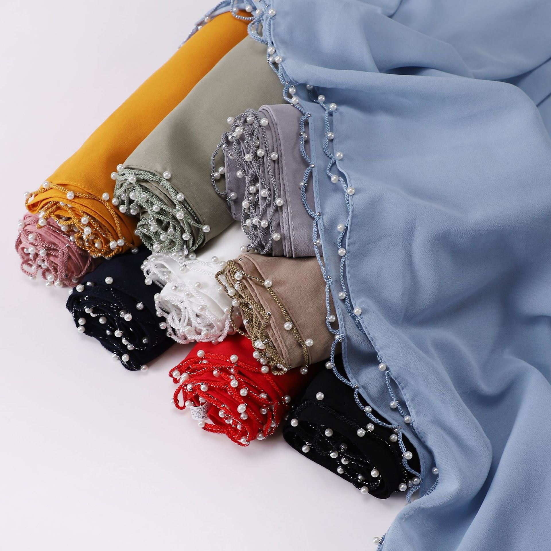 Solid Colour Pearl Chiffon Scarf,  Wavy Edge Beaded Scarf, Ethnic Scarf