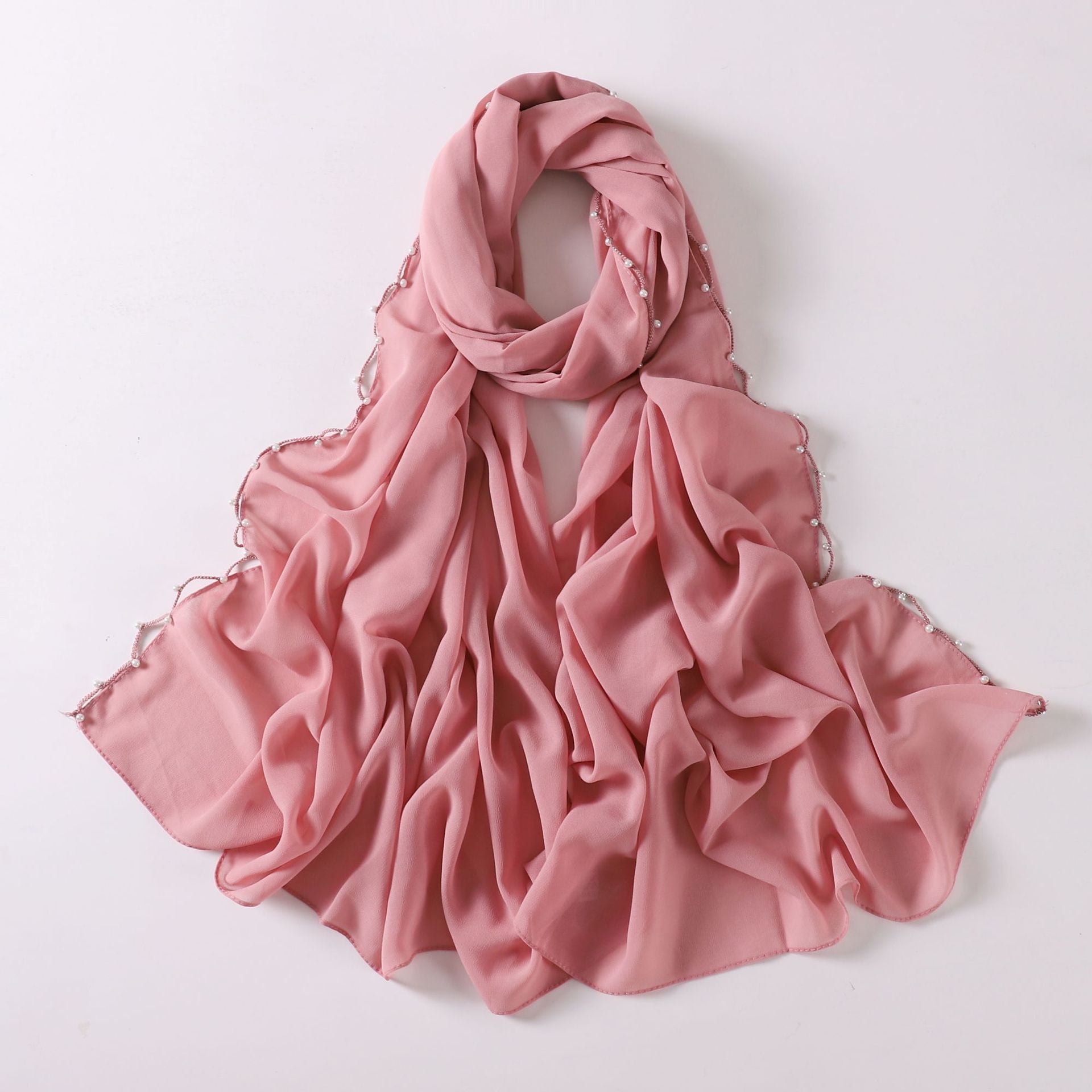 Solid Colour Pearl Chiffon Scarf,  Wavy Edge Beaded Scarf, Ethnic Scarf