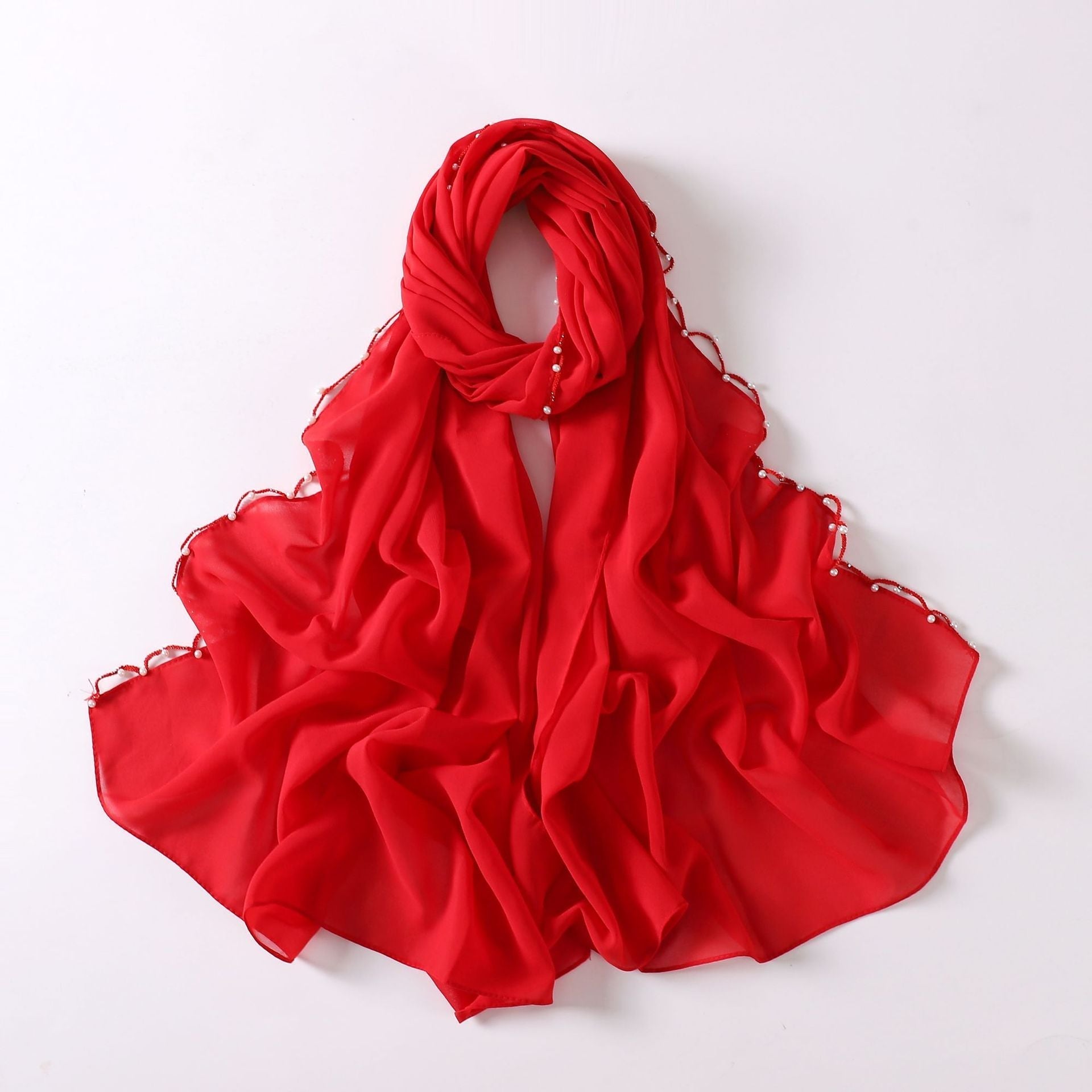 Solid Colour Pearl Chiffon Scarf,  Wavy Edge Beaded Scarf, Ethnic Scarf