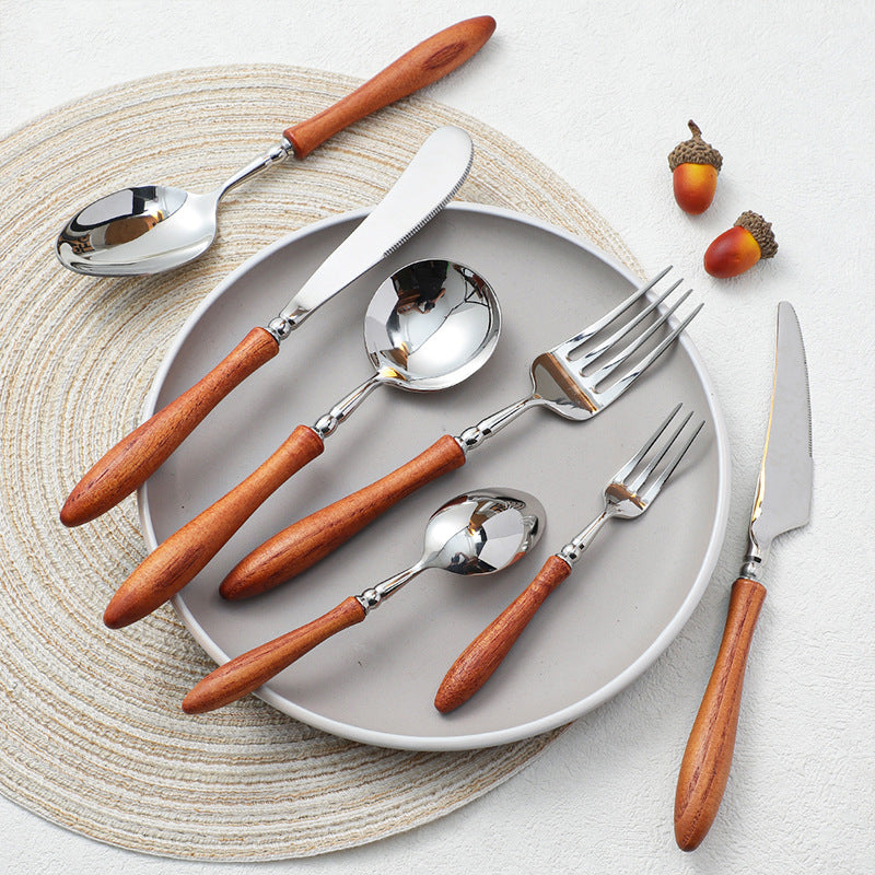 Stainless Steel Rosewood Wooden Handle Knife, Fork And Spoon, Wooden Tableware Set