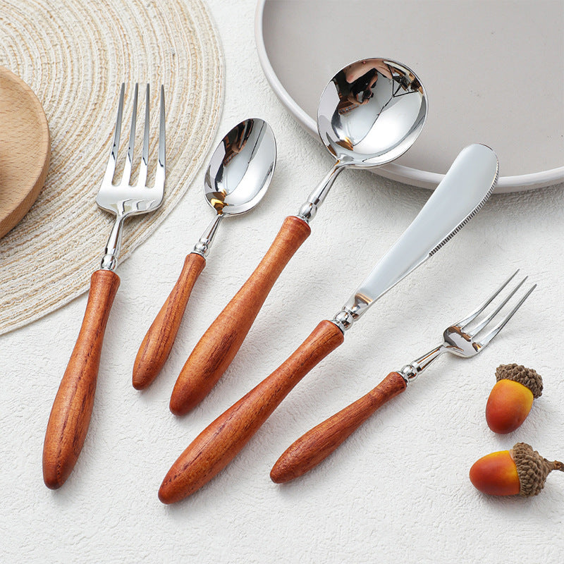 Stainless Steel Rosewood Wooden Handle Knife, Fork And Spoon, Wooden Tableware Set