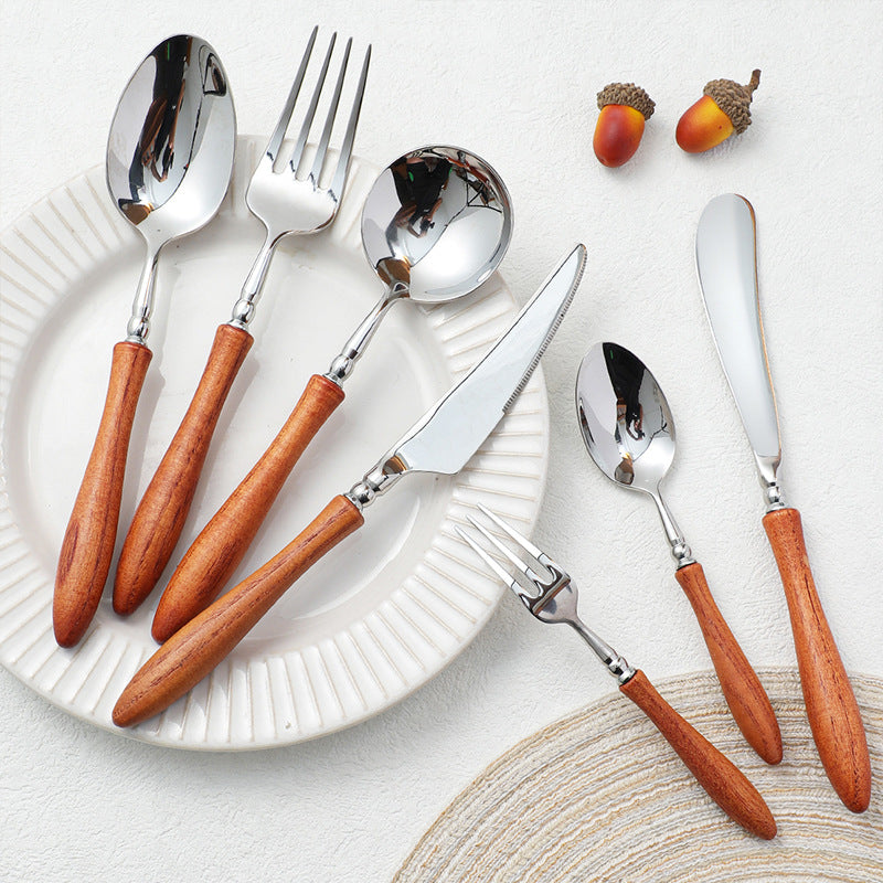 Stainless Steel Rosewood Wooden Handle Knife, Fork And Spoon, Wooden Tableware Set