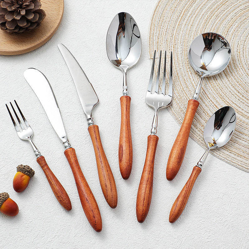 Stainless Steel Rosewood Wooden Handle Knife, Fork And Spoon, Wooden Tableware Set