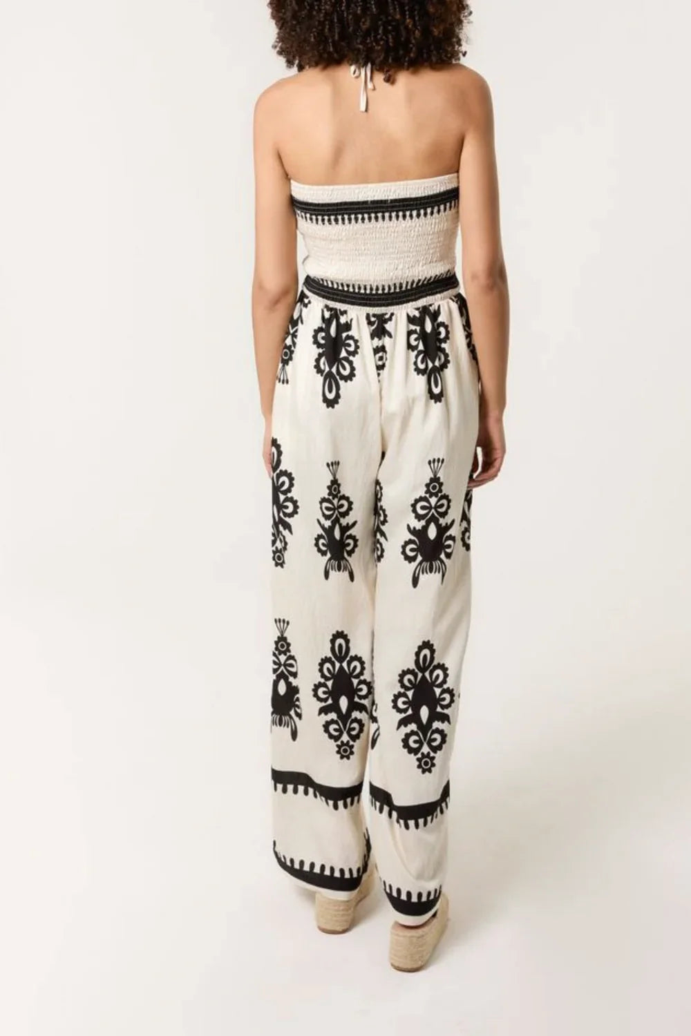 Shirred Bodice Halterneck Printed Jumpsuit Stone