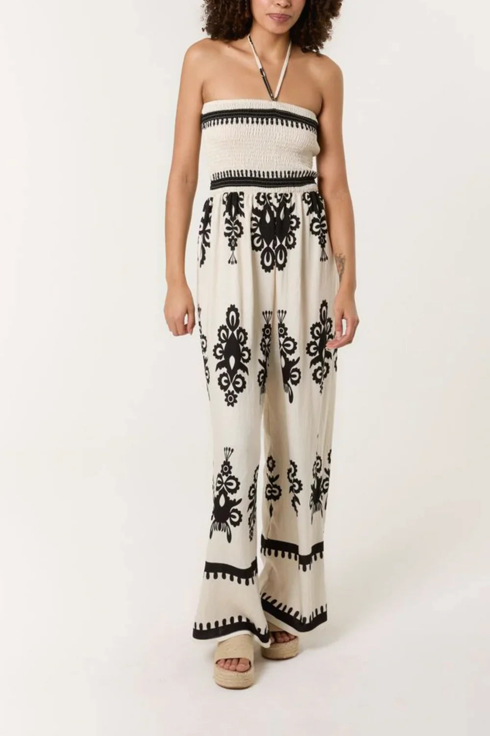 Shirred Bodice Halterneck Printed Jumpsuit Stone