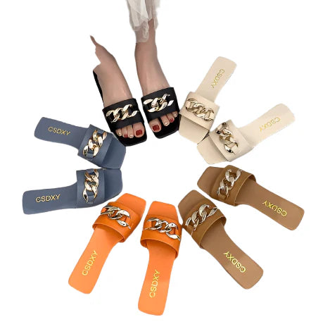 Flat Slippers with Black Metal Link Detail