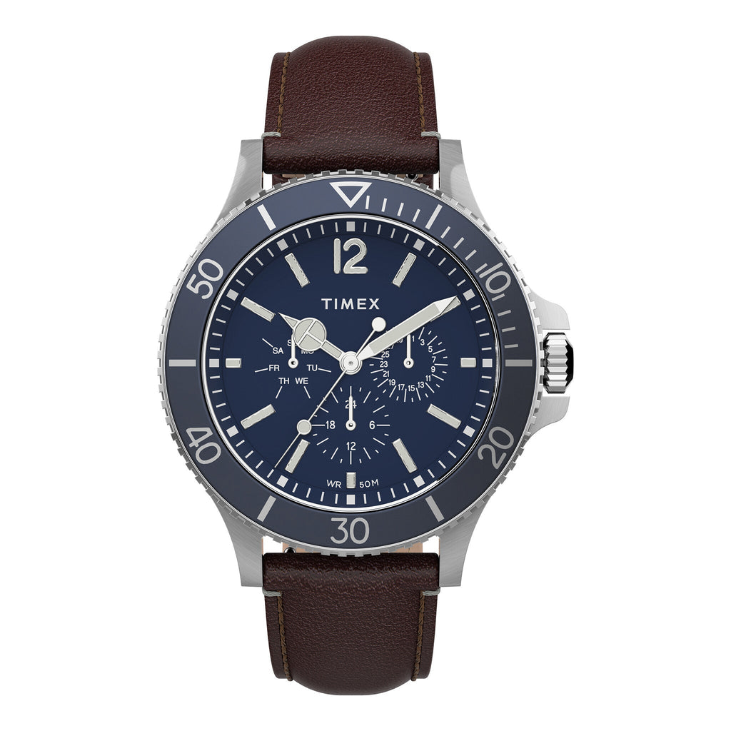 Timex Harborside Mens Watch Blue Dial Brown Leather Strap TW2U13000