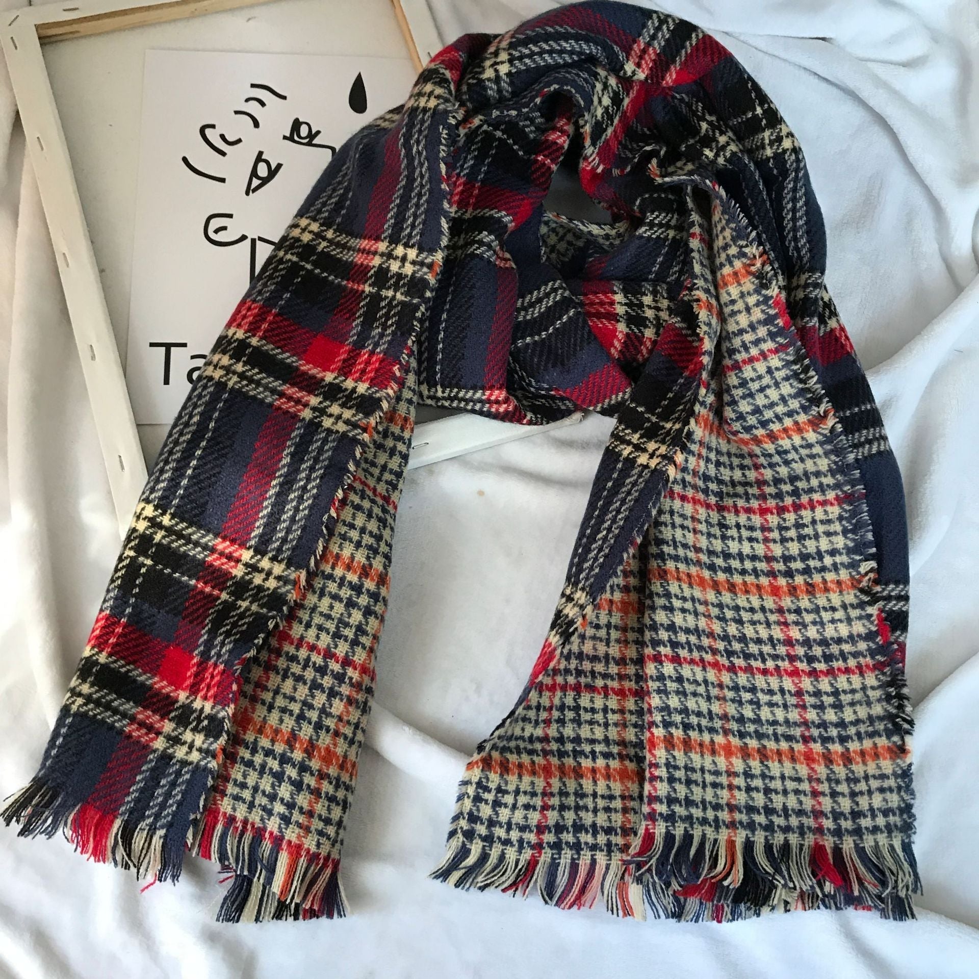 Unisex Retro British Checkered Tassel Scarf, Double-sided Faux Cashmere Shawl