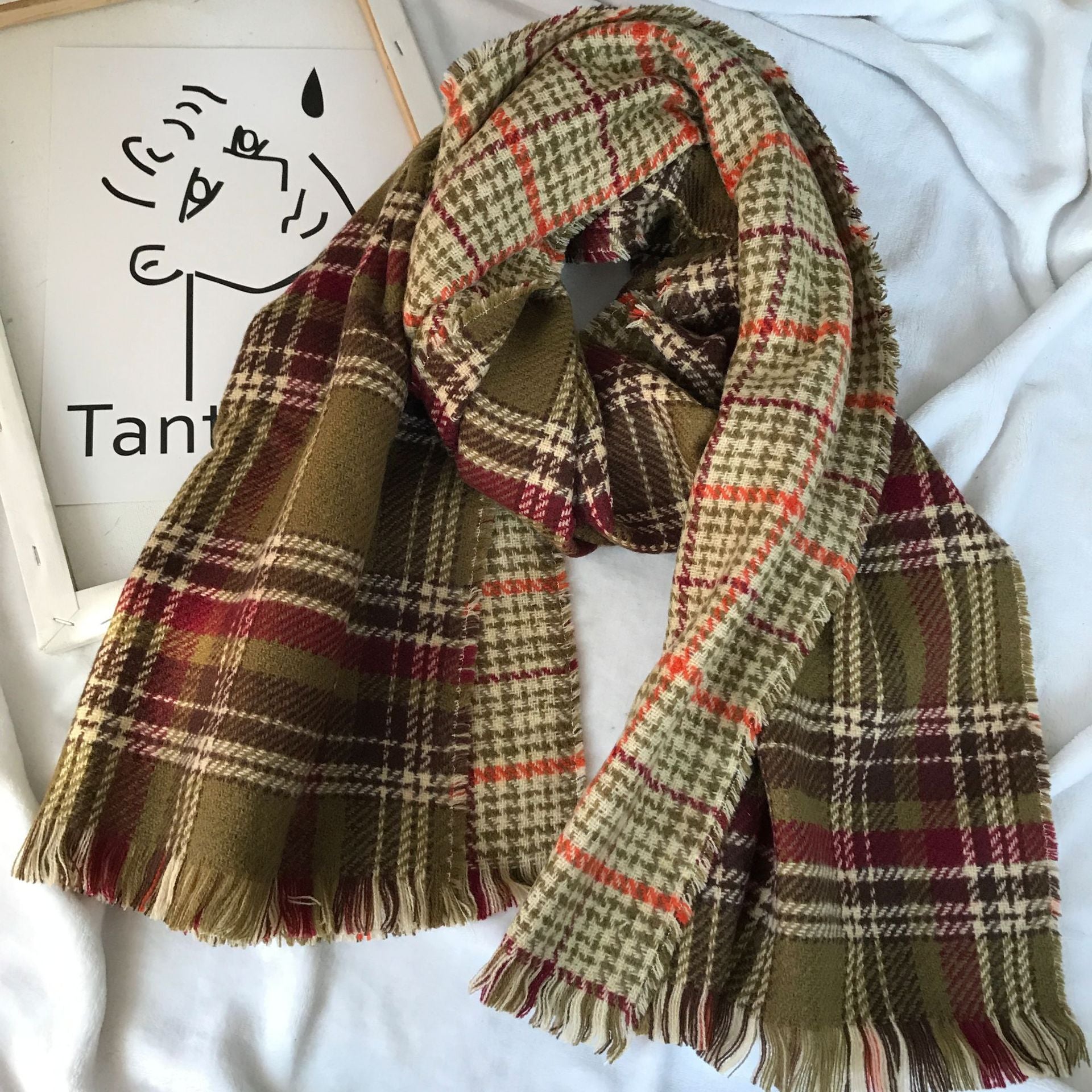 Unisex Retro British Checkered Tassel Scarf, Double-sided Faux Cashmere Shawl