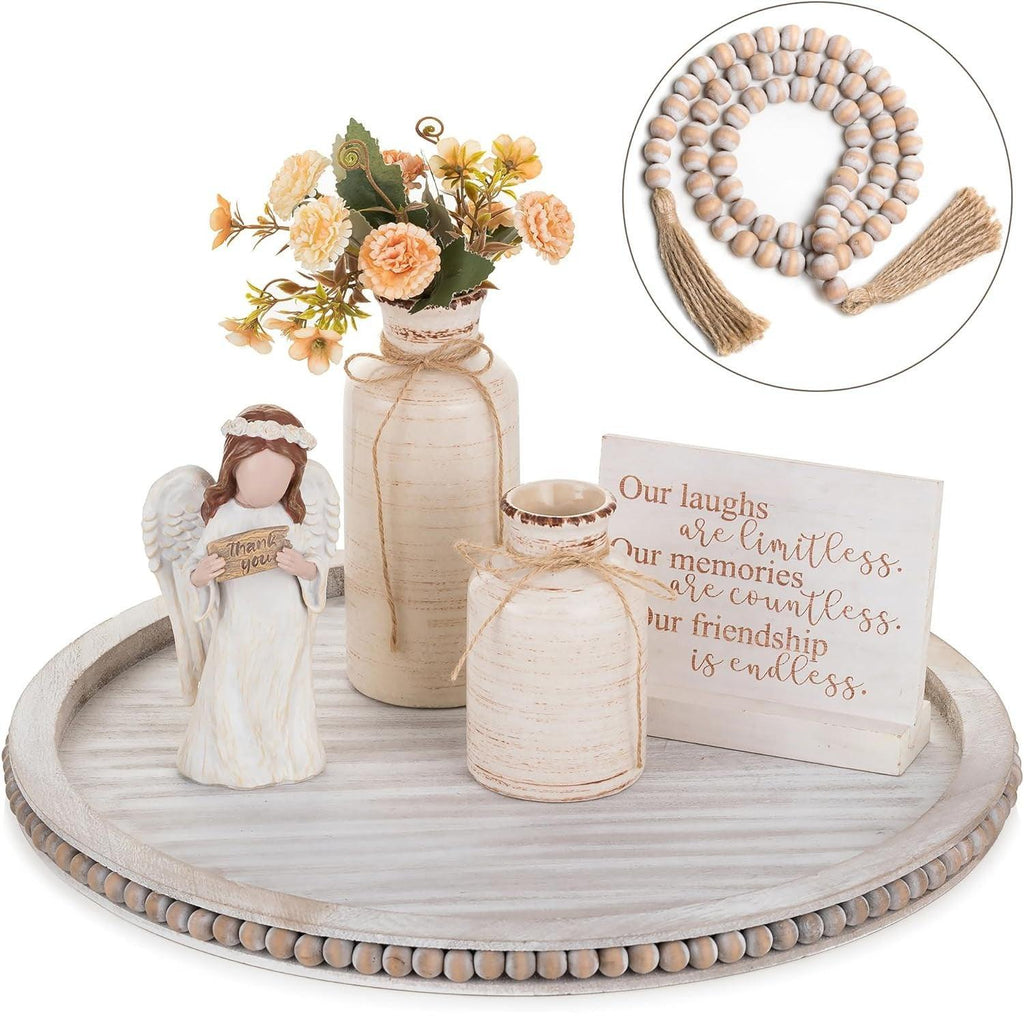 Round Decorative Wooden Tray 18 Inch Beaded Table Centerpiece HANOBE