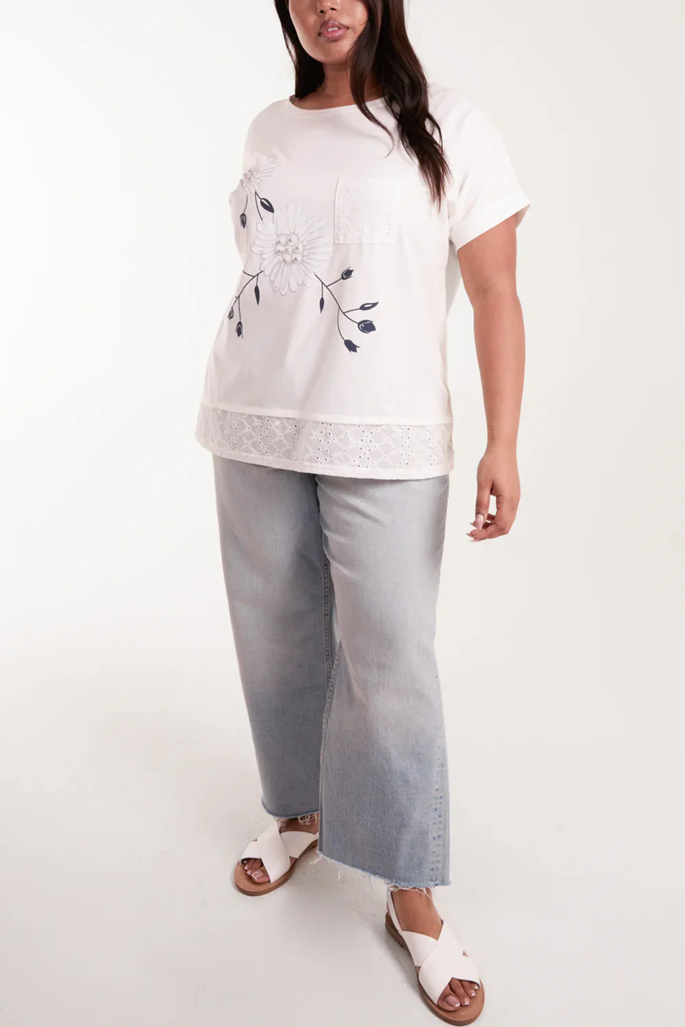 White and Blue Floral Embroidered Top | Size 18/20