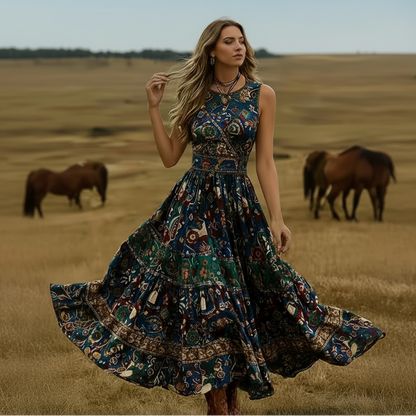 A woman stands in a grassy field wearing a sleeveless, high-waisted maxi dress with a colorful bohemian-style print. Two horses are visible in the background under a clear sky.