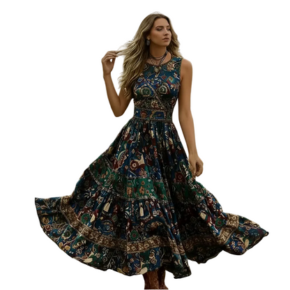 A woman modeling a sleeveless, high-neck, floor-length bohemian maxi dress with a dark blue and green patchwork print, set against a plain white background.