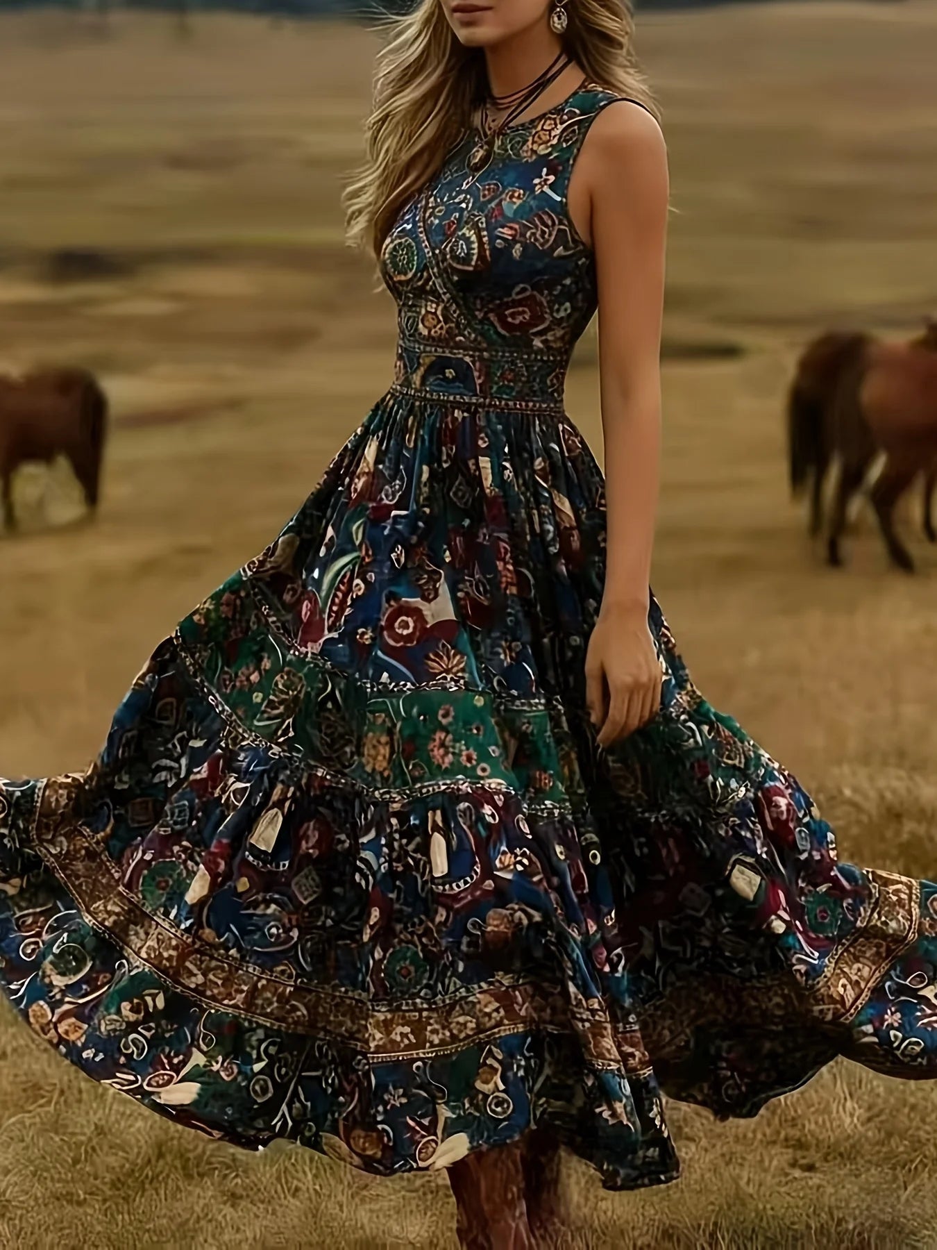 Womens Boho Print V Neck Sleeveless Ankle Length Dress S XXL - QHA UK