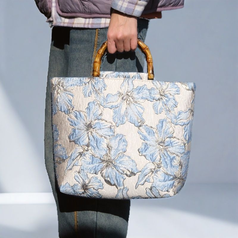 Women's Light Blue Bronzing Flower Canvas Bag