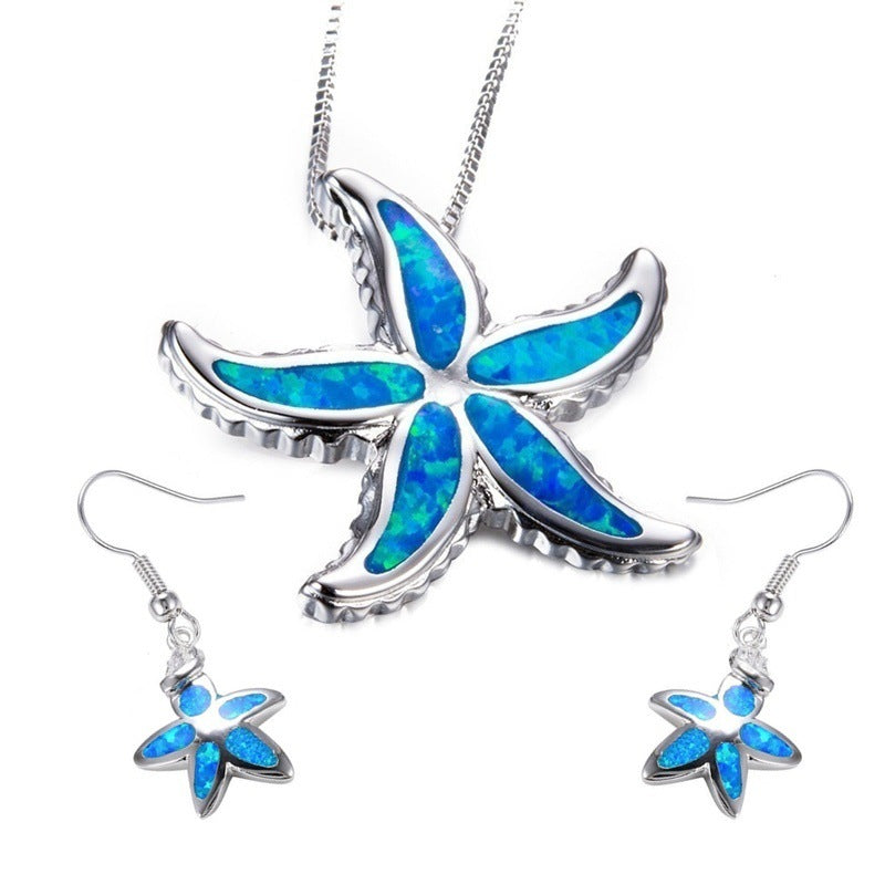 Women's Opal Starfish Necklace Earings Set