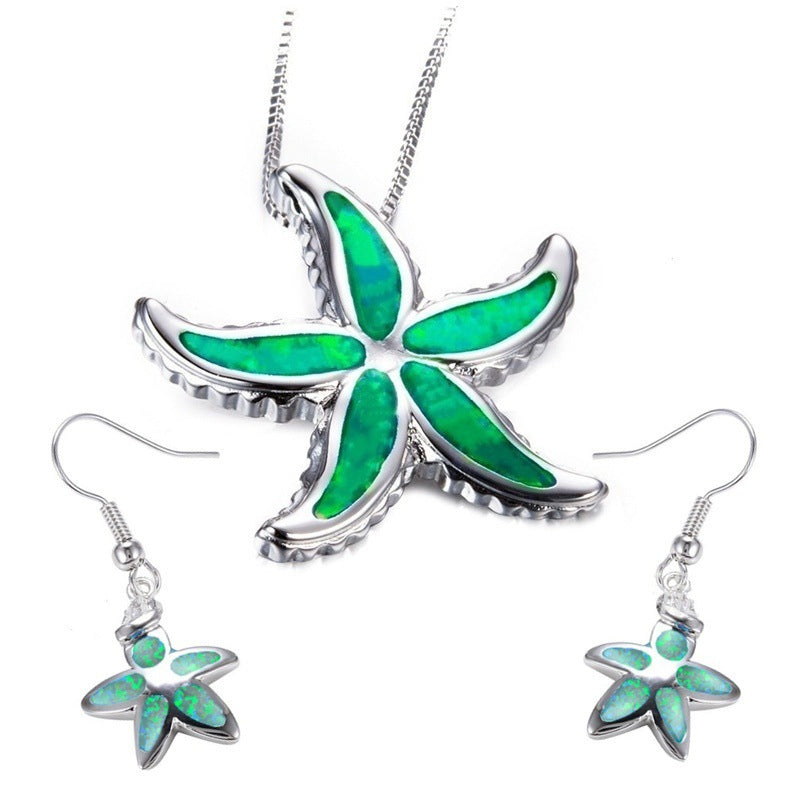 Women's Opal Starfish Necklace Earings Set
