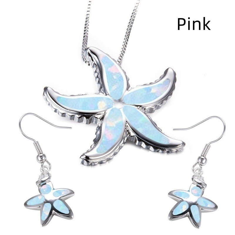 Women's Opal Starfish Necklace Earings Set