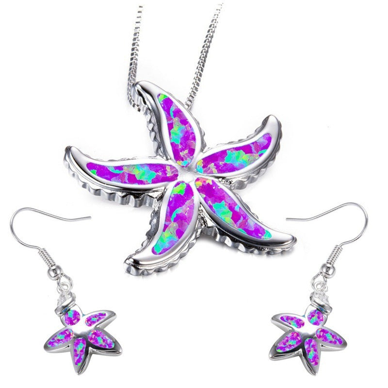 Women's Opal Starfish Necklace Earings Set