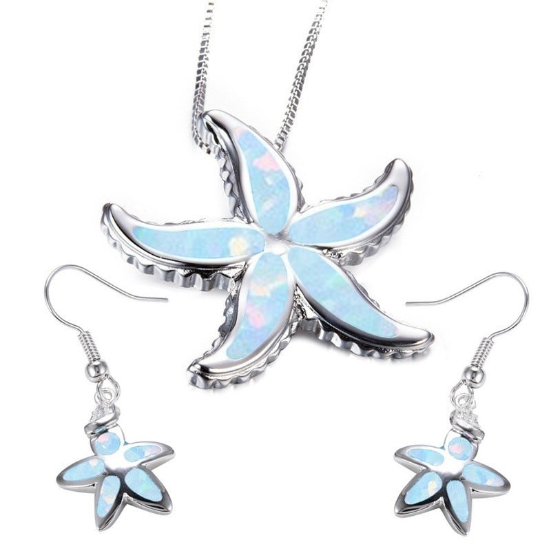 Women's Opal Starfish Necklace Earings Set