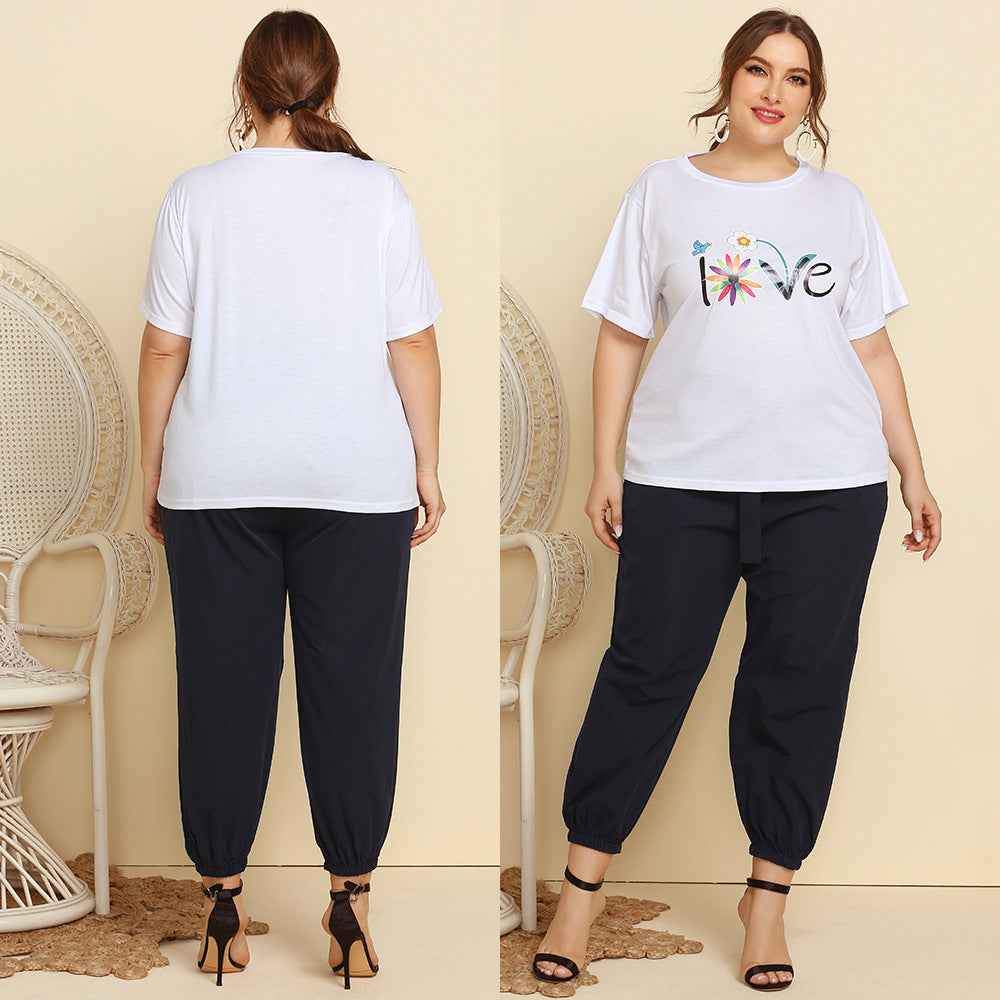 Women's Plus Size T-shirt with Lace-up Casual Suit