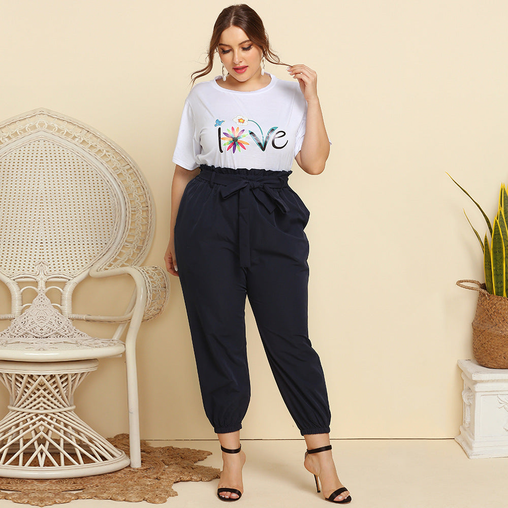 Women's Plus Size T-shirt with Lace-up Casual Suit