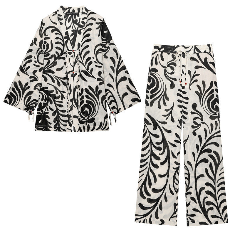 Women's Printed Kimono Coat and Pants