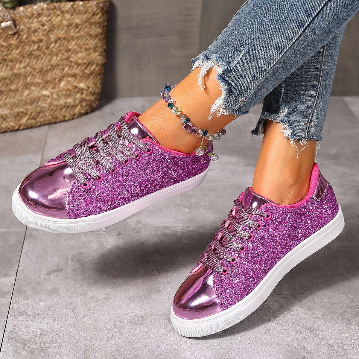 Women’s Sequined Front Lace-up Solid Colour Plus Size Board Shoes
