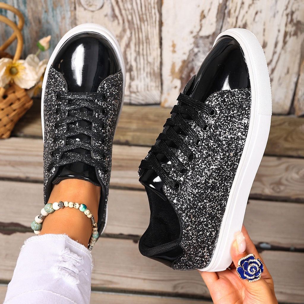 Women’s Sequined Front Lace-up Solid Colour Plus Size Board Shoes