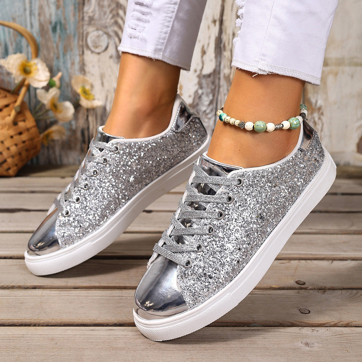 Women’s Sequined Front Lace-up Solid Colour Plus Size Board Shoes