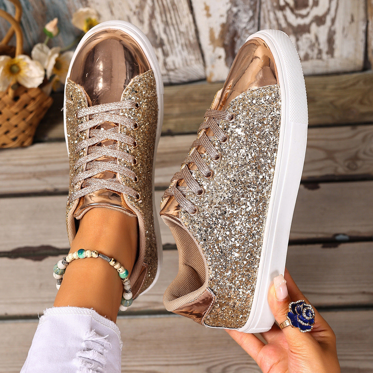 Women’s Sequined Front Lace-up Solid Colour Plus Size Board Shoes