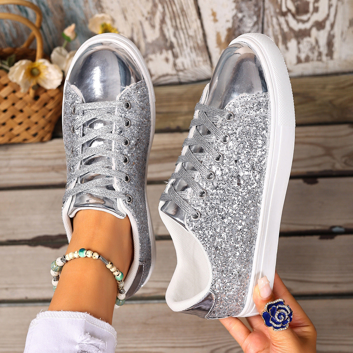 Women’s Sequined Front Lace-up Solid Colour Plus Size Board Shoes