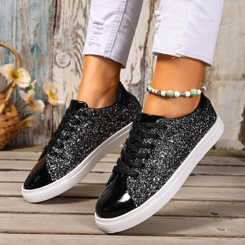 Women’s Sequined Front Lace-up Solid Colour Plus Size Board Shoes