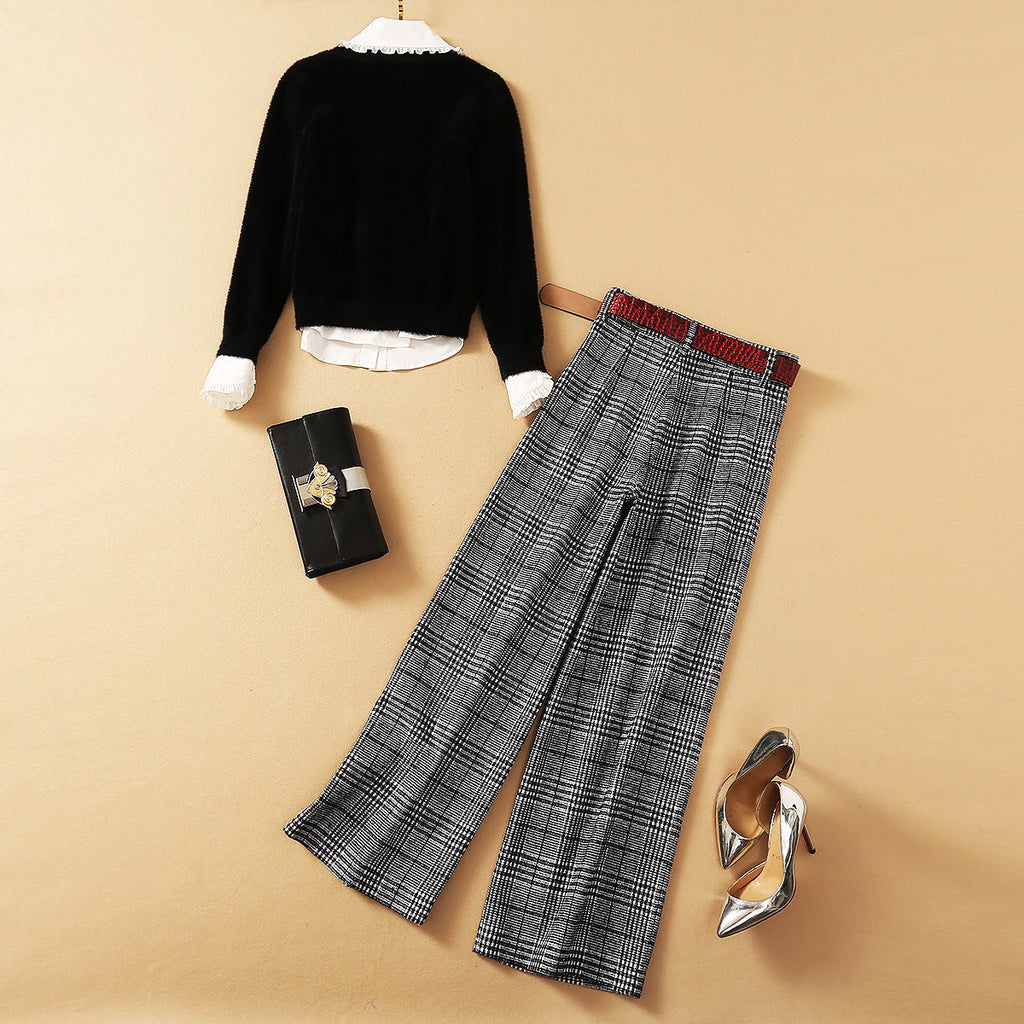 Women’s Three-Pieces Suit, Wooden Ear Shirt With Mohair Sweater And Plaid Wide-leg Pants
