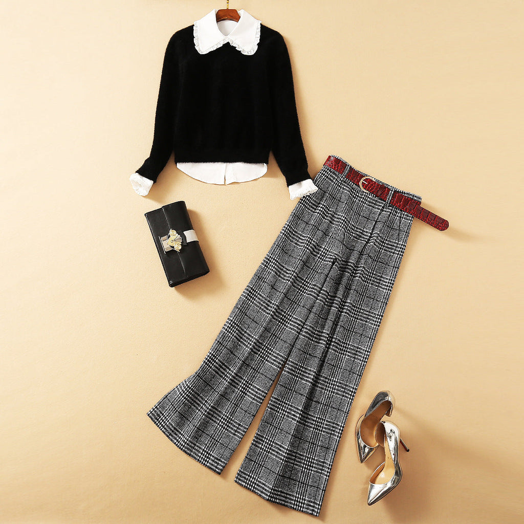 Women’s Three-Pieces Suit, Wooden Ear Shirt With Mohair Sweater And Plaid Wide-leg Pants
